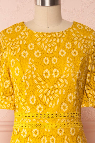 Merewin Yellow Short Sleeved Lace Dress | Boutique 1861 front close up