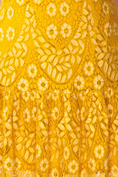 Merewin Yellow Short Sleeved Lace Dress | Boutique 1861 fabric
