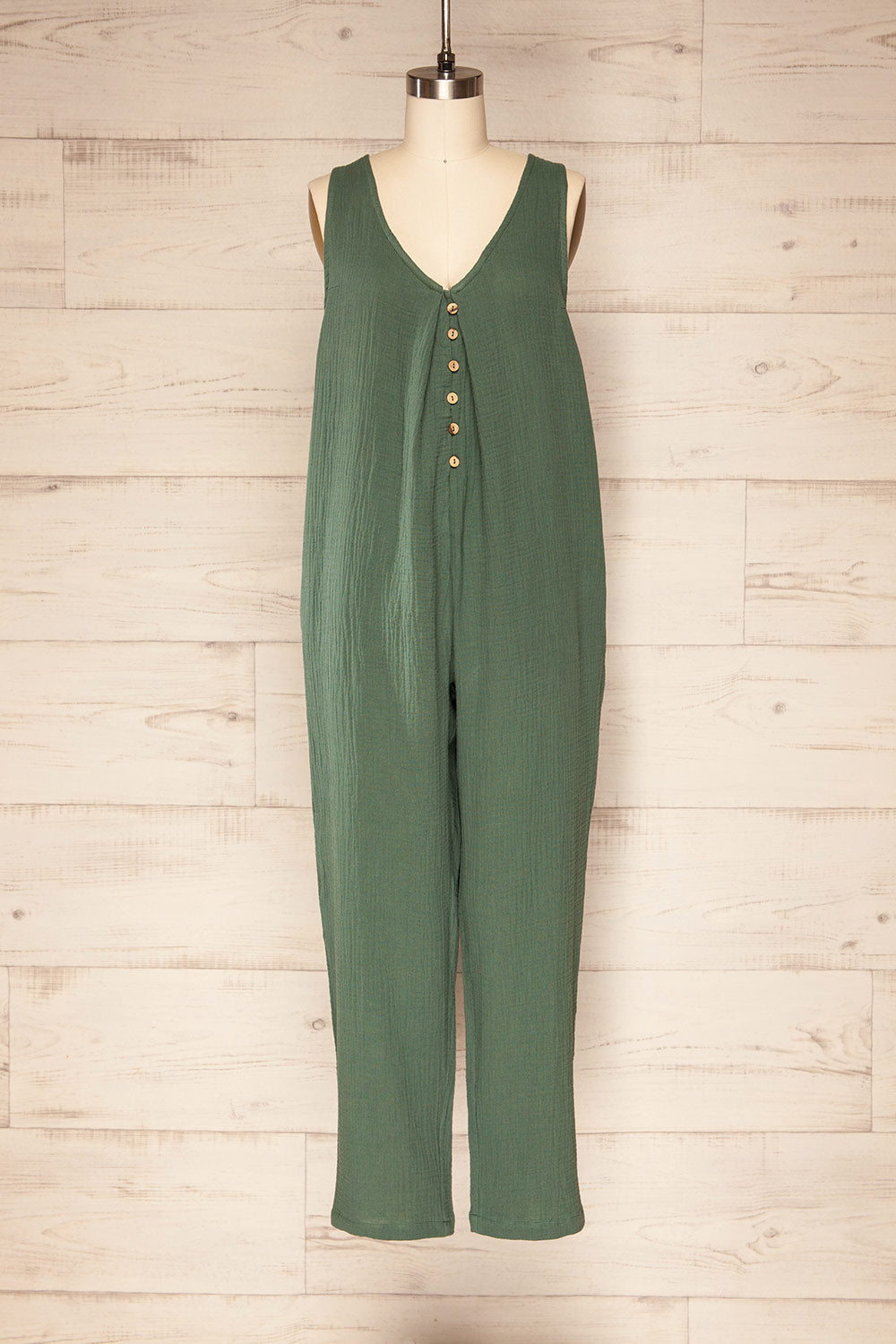 Miass Green Sleeveless Button-Up Jumpsuit  | La petite garçonne front view 