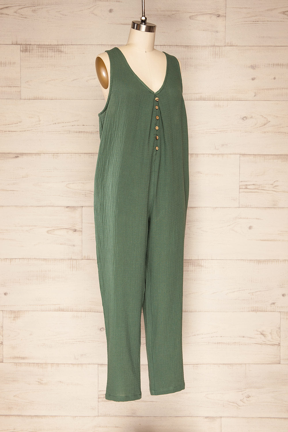 Miass Green Sleeveless Button-Up Jumpsuit  | La petite garçonne side view 