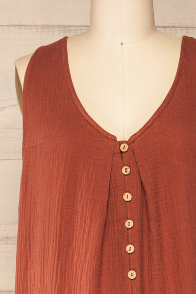 Miass Rust Sleeveless Button-Up Jumpsuit  | La petite garçonne front close-up