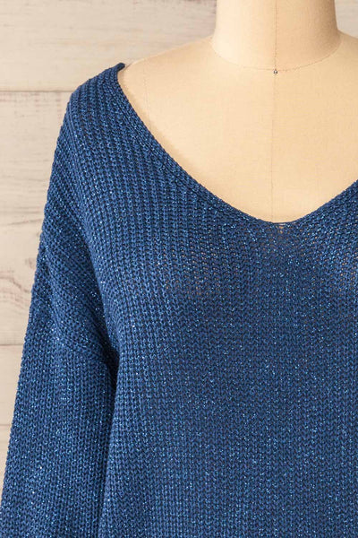 Miechow Ocean Blue V-Neck Knitted Sweater | La petite garçonne front close-up