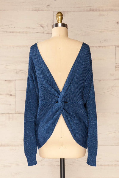 Miechow Ocean Blue V-Neck Knitted Sweater | La petite garçonne back view