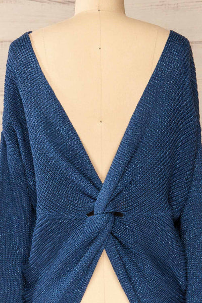 Miechow Ocean Blue V-Neck Knitted Sweater | La petite garçonne back close-up