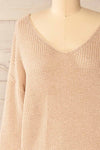 Miechow Tan V-Neck Knitted Sweater | La petite garçonne front close-up