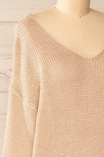 Miechow Tan V-Neck Knitted Sweater | La petite garçonne side close-up