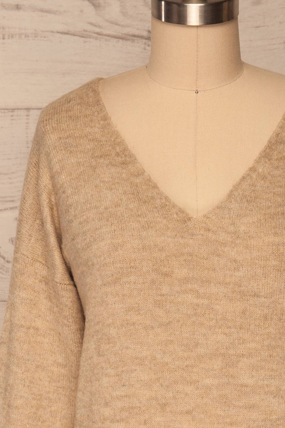 Mikstat Beige V-Neck Knit Sweater | La petite garçonne front close up