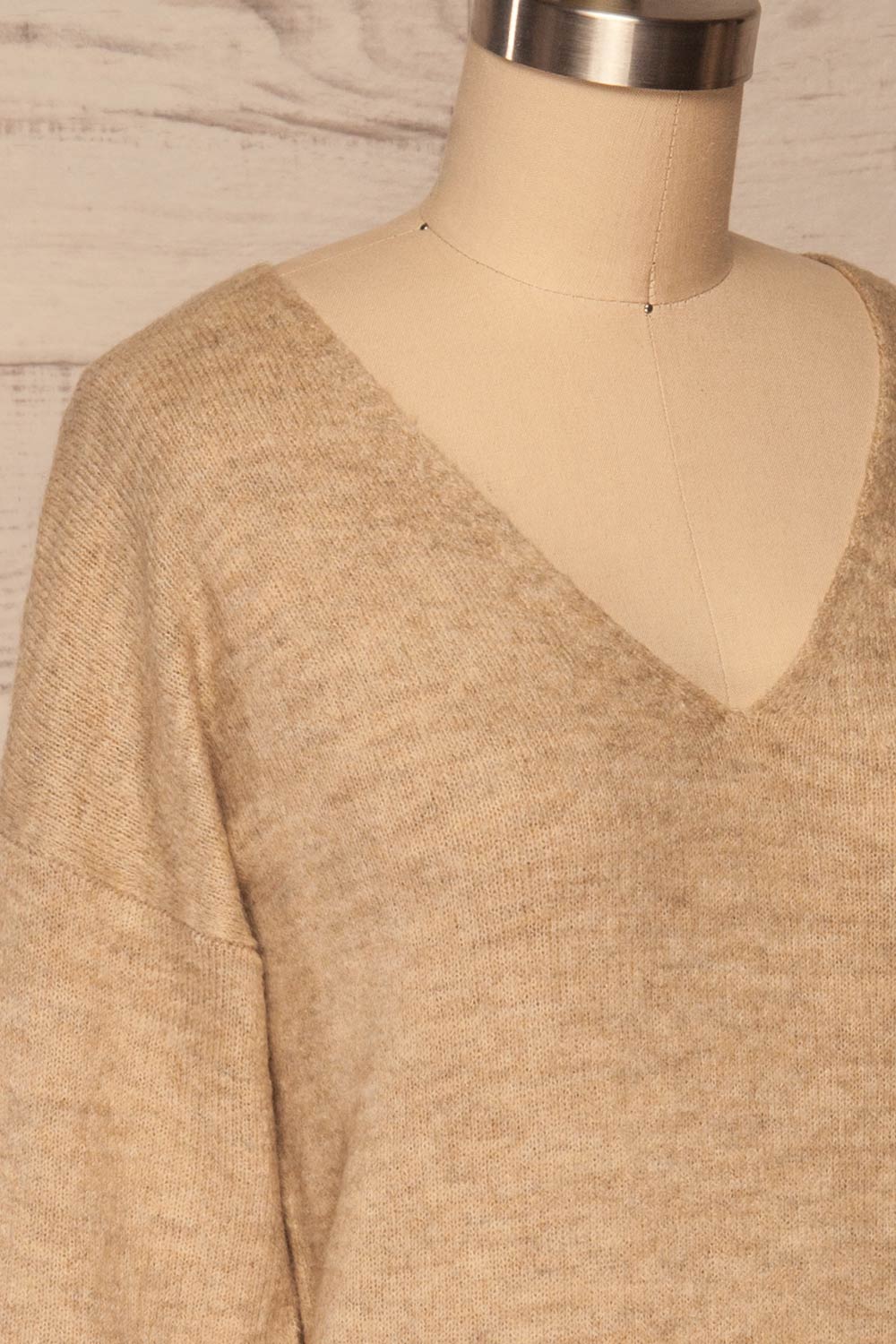 Mikstat Beige V-Neck Knit Sweater | La petite garçonne side close up