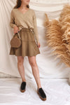 Modena Khaki Short Faux Suede Skirt | La petite garçonne model look