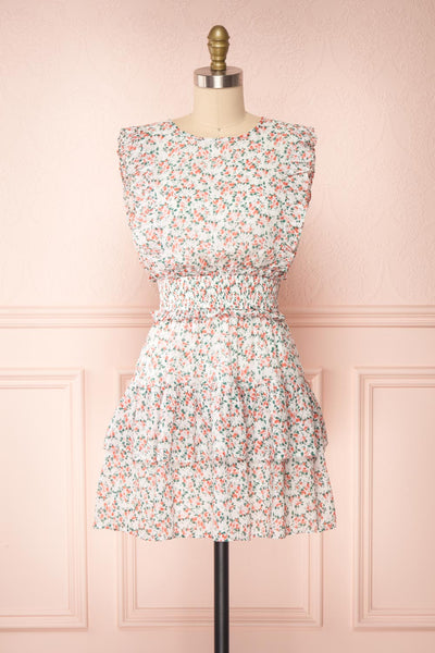 Milhoja White Floral Ruffle Short Dress | Boutique 1861 fabric