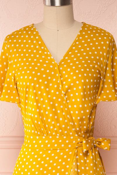 Millicent Yellow & White Polka Dot Dress | Boutique 1861 front close up
