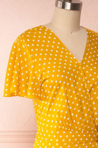 Millicent Yellow & White Polka Dot Dress | Boutique 1861 side close up