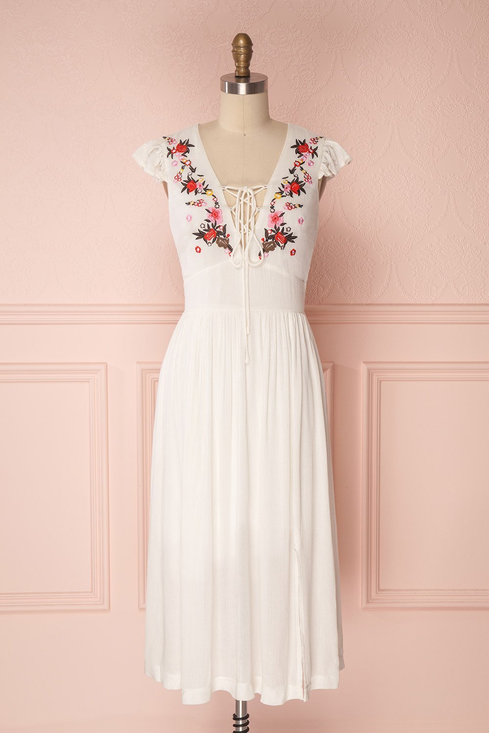 Minthu Ivory Midi Dress with Floral Embroidery | Boutique 1861