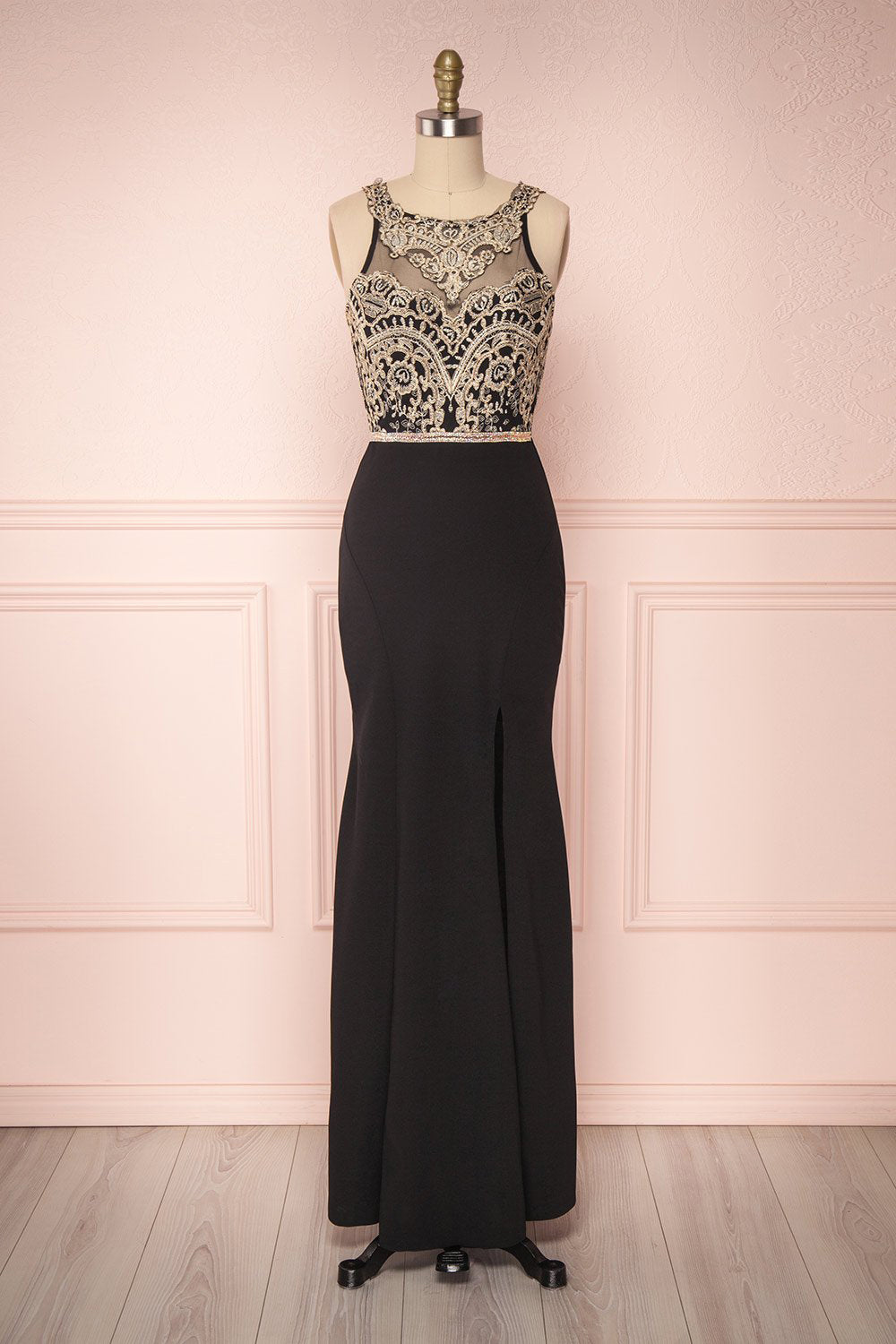 Mirna Coffee Black Halter Mermaid Gown with Appliqués | Boutique 1861