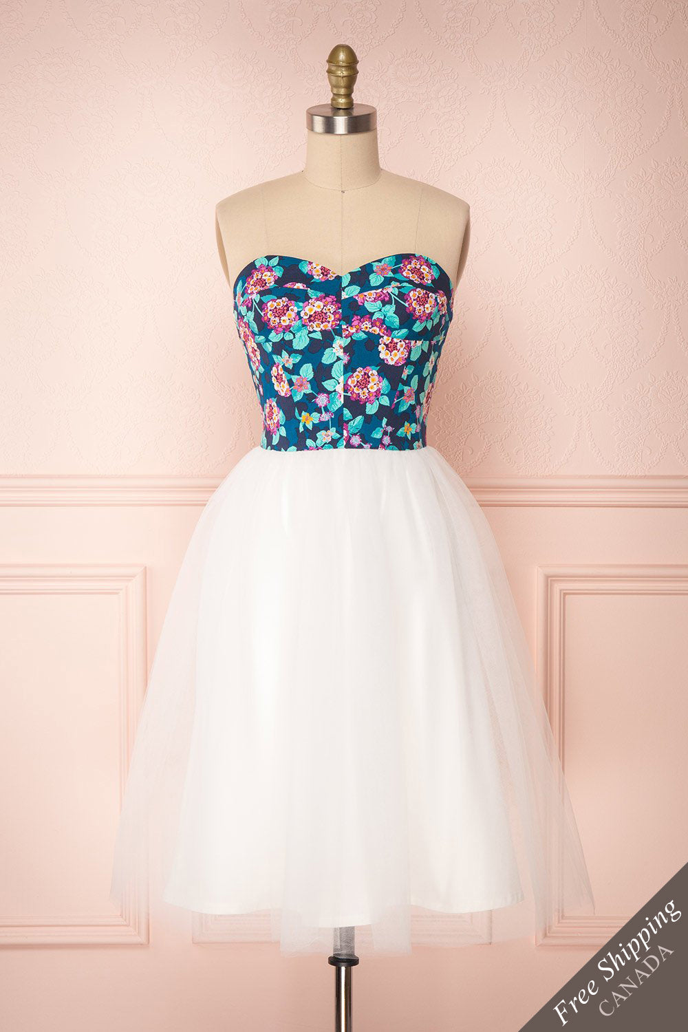 Mizuho Floral Printed White Tulle Bustier Dress | Boutique 1861