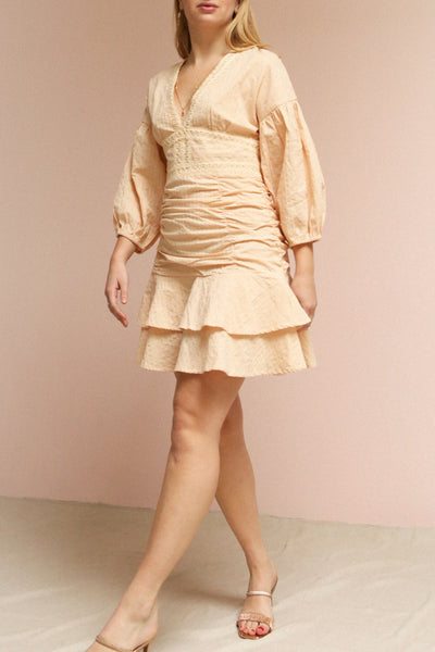 Mizunami Beige Ruched Vintage Inspired Dress | Boutique 1861 on model