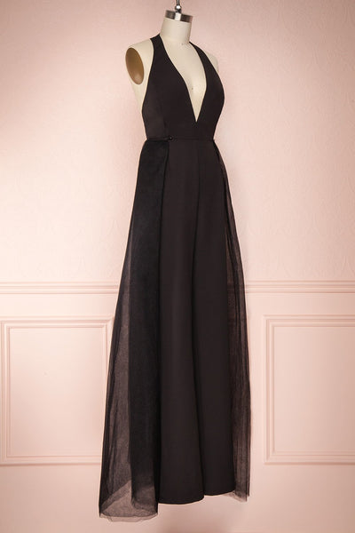 Mlynary Black Jumpsuit w/ Removable Tulle Panel side view jupe | Boutique 1861