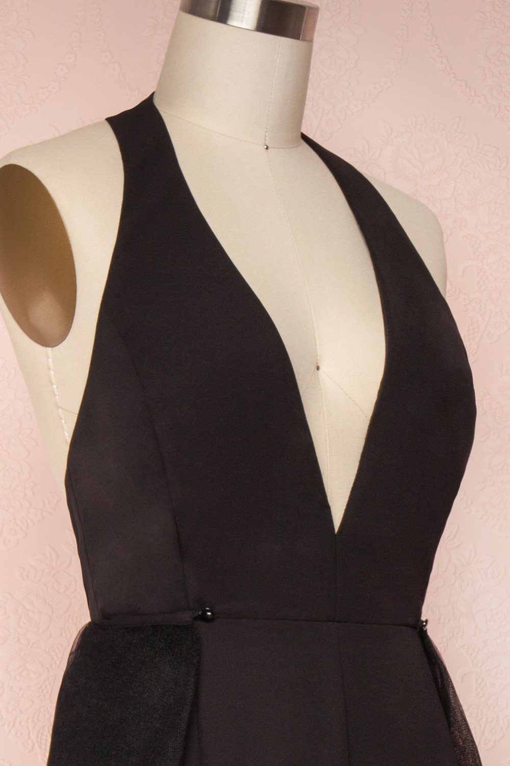 Mlynary Black Jumpsuit w/ Removable Tulle Panel side close up | Boutique 1861
