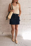 Cieszyn Dark Blue Denim Mini Skirt with Pockets | La Petite Garçonne on model
