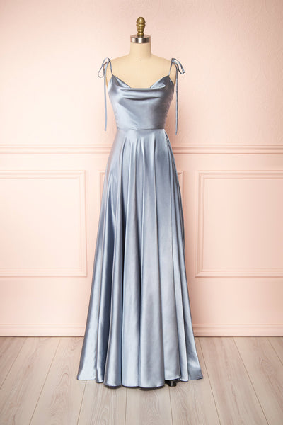 Moira Blue Cowl Neck Satin Maxi Dress w/ High Slit | Boutique 1861 front view