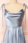 Moira Blue Cowl Neck Satin Maxi Dress w/ High Slit | Boutique 1861 front close-up