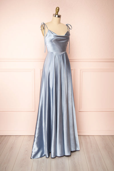 Moira Blue Cowl Neck Satin Maxi Dress w/ High Slit | Boutique 1861 side view