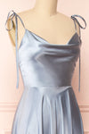 Moira Blue Cowl Neck Satin Maxi Dress w/ High Slit | Boutique 1861 side close-up
