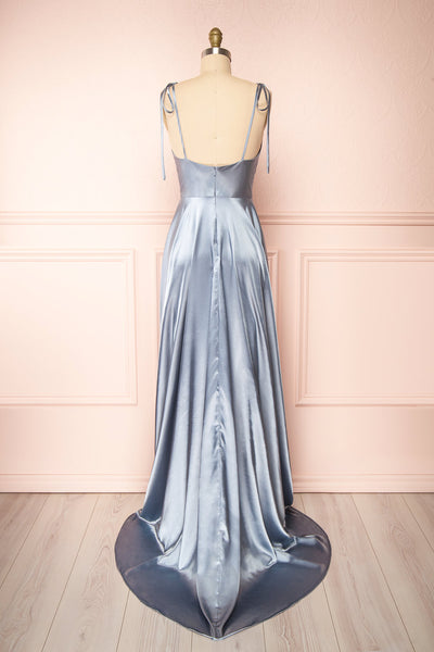 Moira Blue Cowl Neck Satin Maxi Dress w/ High Slit | Boutique 1861 back view
