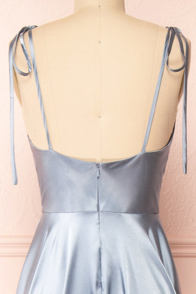 Moira Blue Cowl Neck Satin Maxi Dress w/ High Slit | Boutique 1861 back close-up