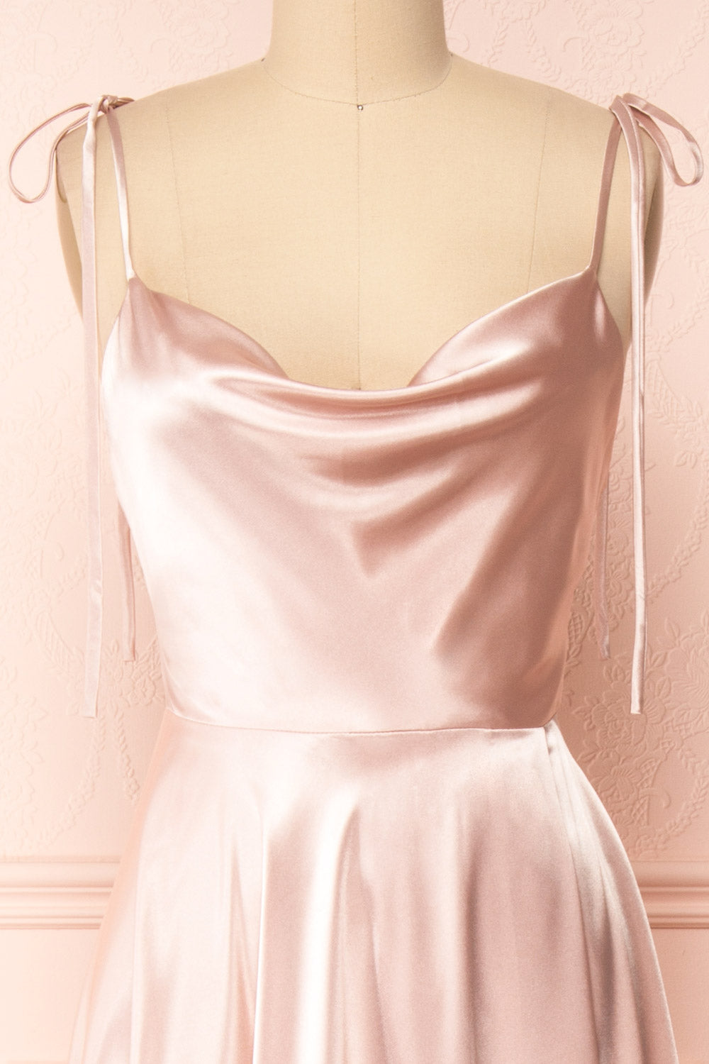 Moira Blush Cowl Neck Satin Maxi Dress w/ High Slit | Boutique 1861 front close-up