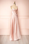 Moira Blush Cowl Neck Satin Maxi Dress w/ High Slit | Boutique 1861 side view