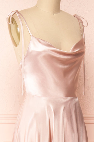 Moira Blush Cowl Neck Satin Maxi Dress w/ High Slit | Boutique 1861 side close-up