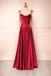 Moira Burgundy Cowl Neck Satin Maxi Dress w/ High Slit | Boutique 1861 front view