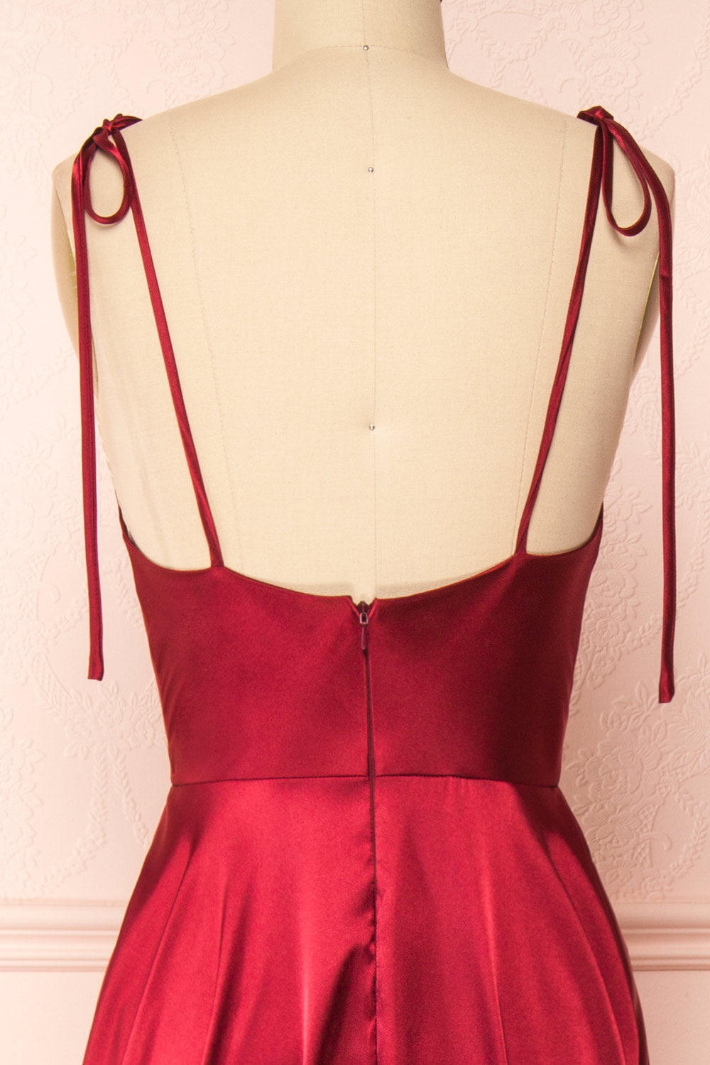 Moira Burgundy Cowl Neck Satin Maxi Dress w/ High Slit | Boutique 1861 back close-up