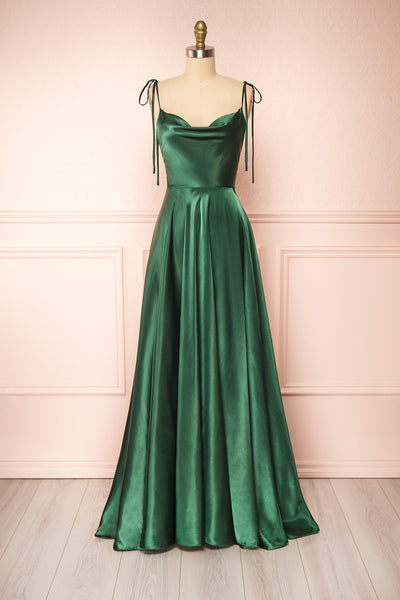 Moira Green | Cowl Neck Satin Maxi Dress w/ High Slit