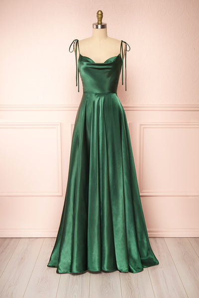 Moira Green Cowl Neck Satin Maxi Dress with High Slit | Boutique 1861 Moira Green Cowl Neck Satin Maxi Dress with High Slit | Boutique 1861