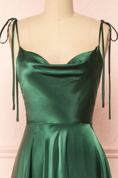 Moira Green Cowl Neck Satin Maxi Dress w/ High Slit | Boutique 1861 front close-up