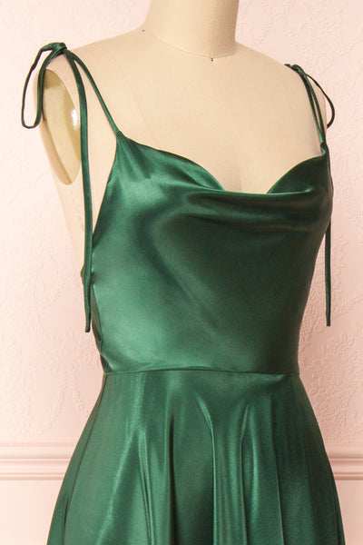 Moira Green Cowl Neck Satin Maxi Dress w/ High Slit | Boutique 1861 side close-up