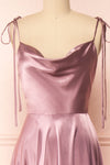 Moira Mauve Cowl Neck Satin Maxi Dress w/ High Slit | Boutique 1861 front close-up