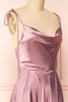 Moira Mauve Cowl Neck Satin Maxi Dress w/ High Slit | Boutique 1861 side close-up