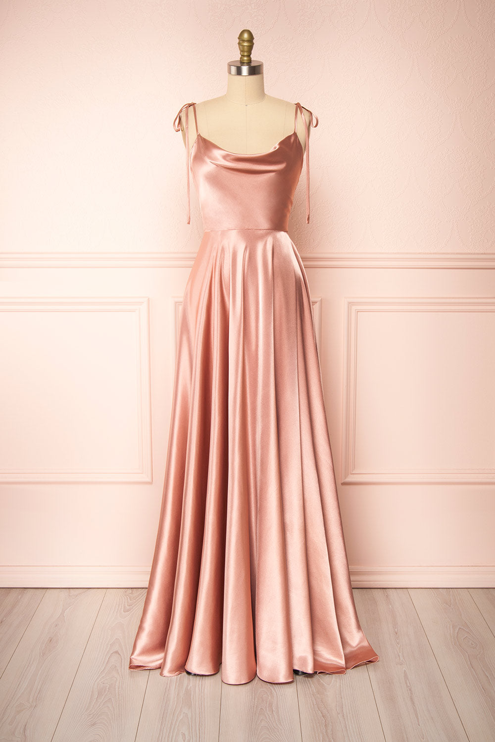 Moira Pink Cowl Neck Satin Maxi Dress w/ High Slit