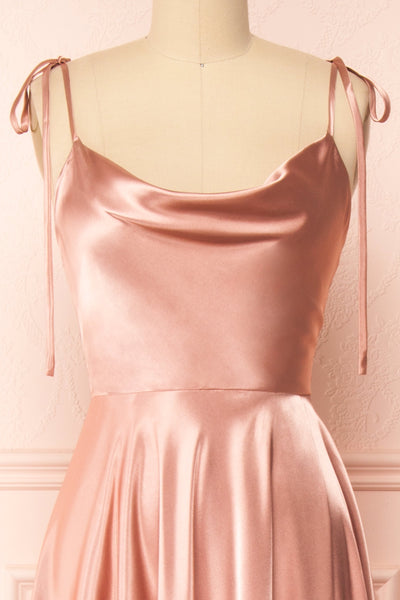 Moira Pink Cowl Neck Satin Maxi Dress w/ High Slit | Boutique 1861 front close-up
