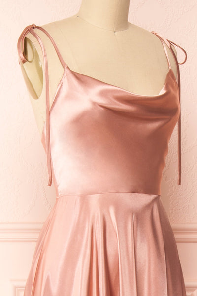 Moira Pink Cowl Neck Satin Maxi Dress w/ High Slit | Boutique 1861 side close-up