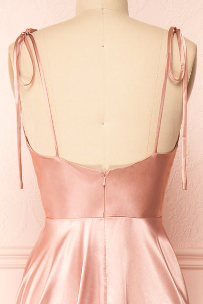 Moira Pink Cowl Neck Satin Maxi Dress w/ High Slit | Boutique 1861 back close-up