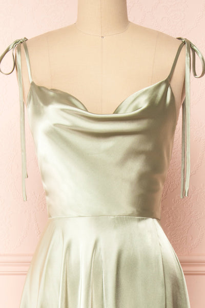 Moira Sage Cowl Neck Satin Maxi Dress w/ High Slit | Boutique 1861 front close-up