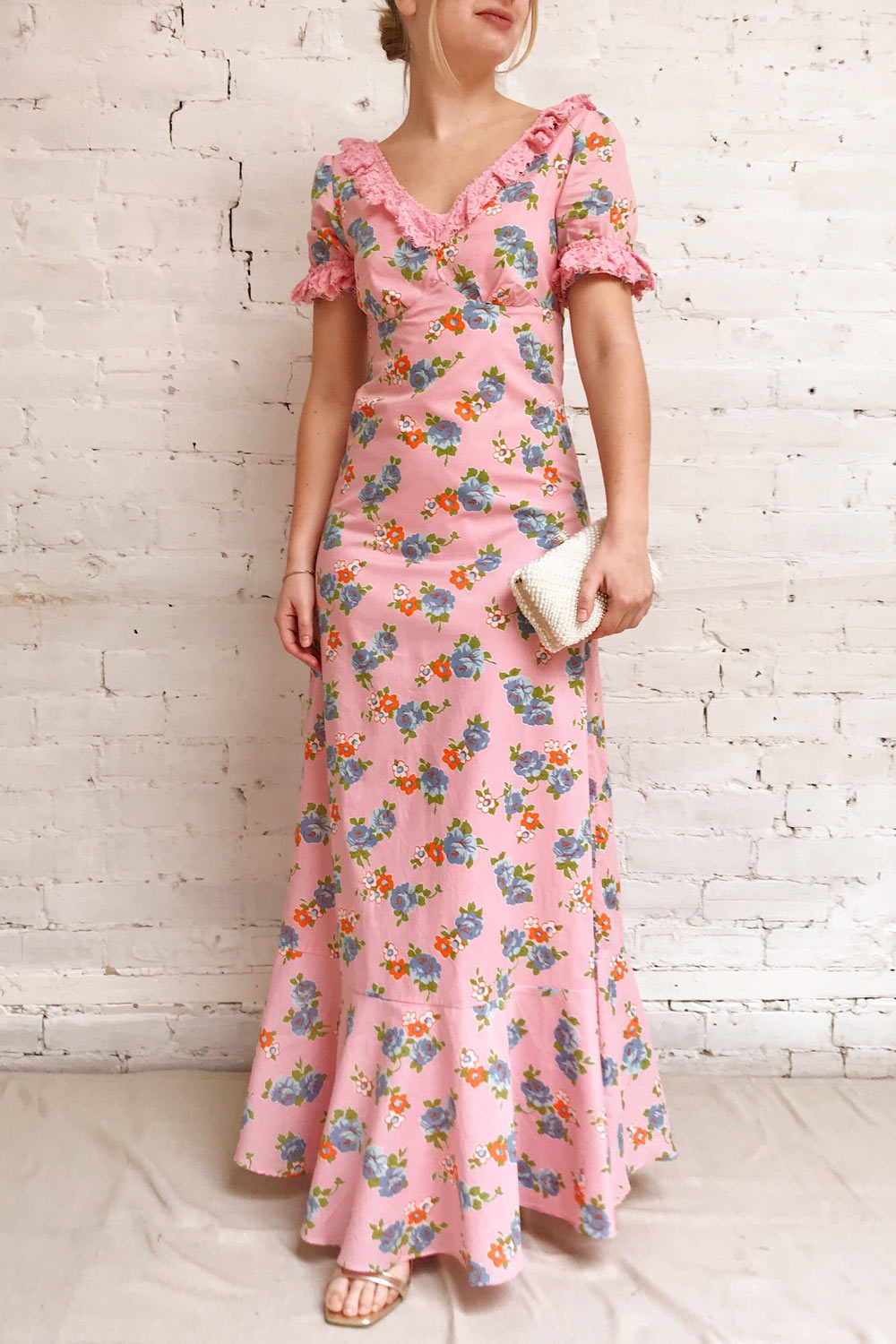 Mondina Pink Floral Short Sleeve Maxi Dress
