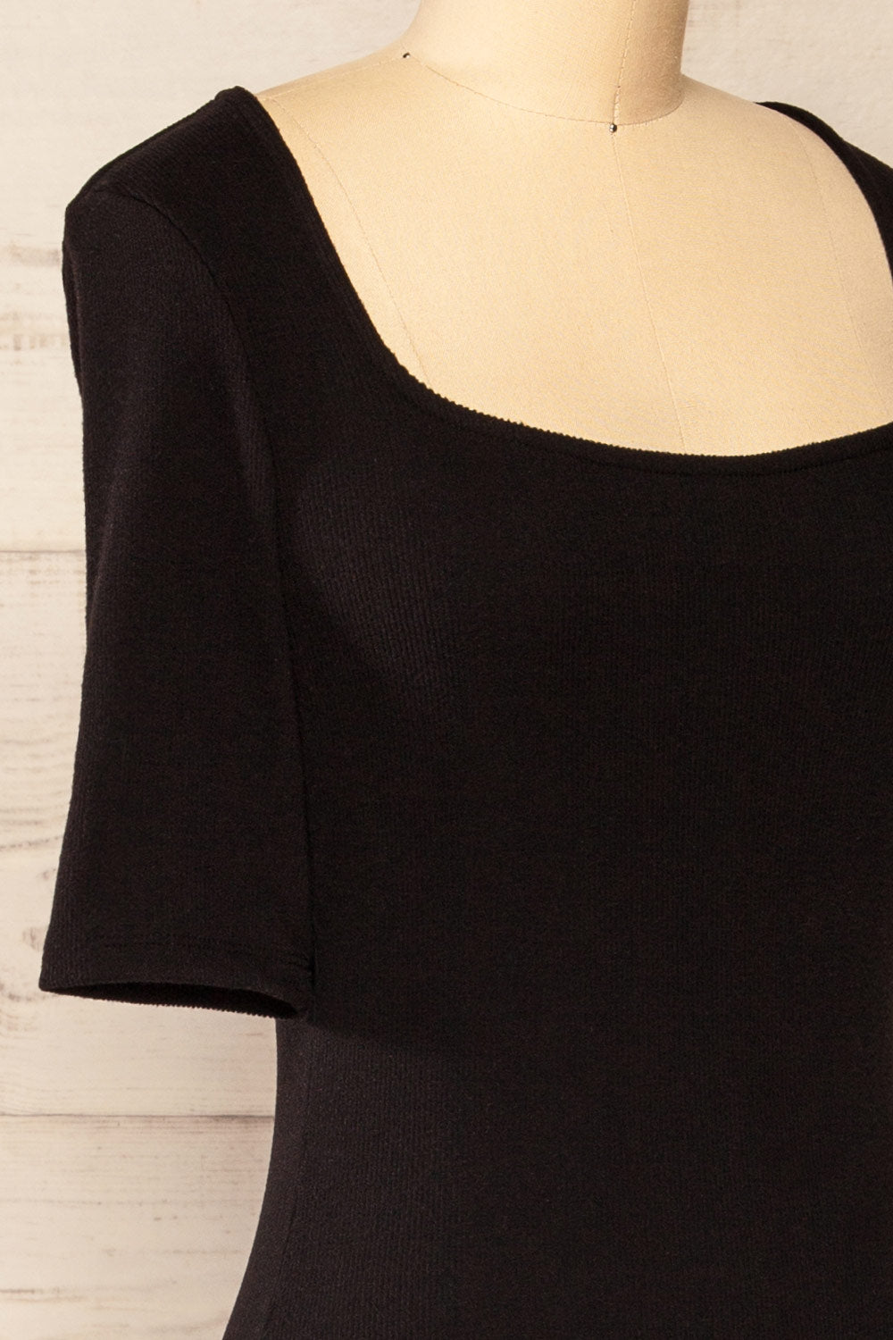 Monza Black Fitted Square Neck Midi Dress | La petite garçonne side close-up