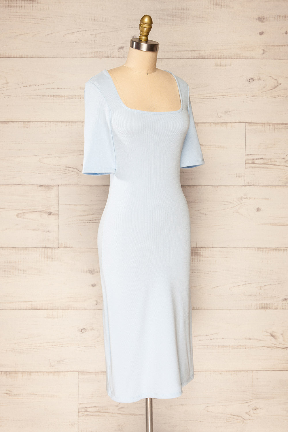 Monza Blue Fitted Square Neck Midi Dress | La petite garçonne side view