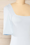 Monza Blue Fitted Square Neck Midi Dress | La petite garçonne side close-up