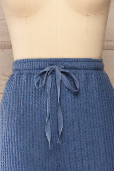 Morag Blue Knit Drawstring Joggers | La petite garçonne front close-up